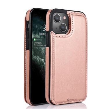 iPhone 15 Plus Compatible Case Cover With Back Flip Leather Wallet - Rose Gold